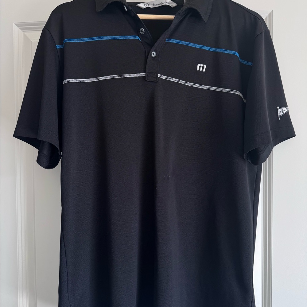 Travis Mathew Black Polo with Blue and Gray Stripes
